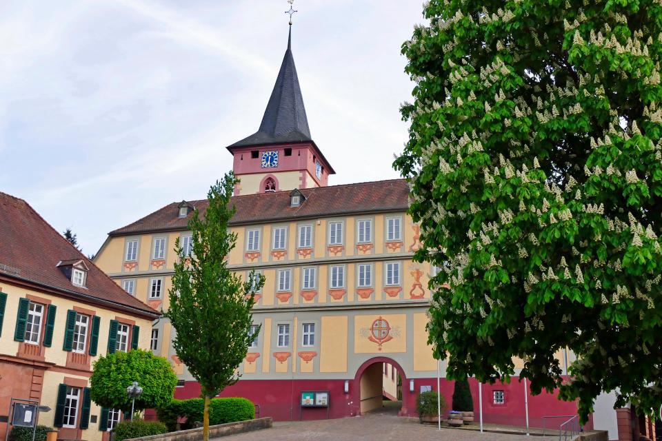 Das Ensemble von Altem und Neuem Schloss mit Rentmeisterei und evangelischer Stadtkirche prägt das Stadtzentrum von Bad König.
                 title=