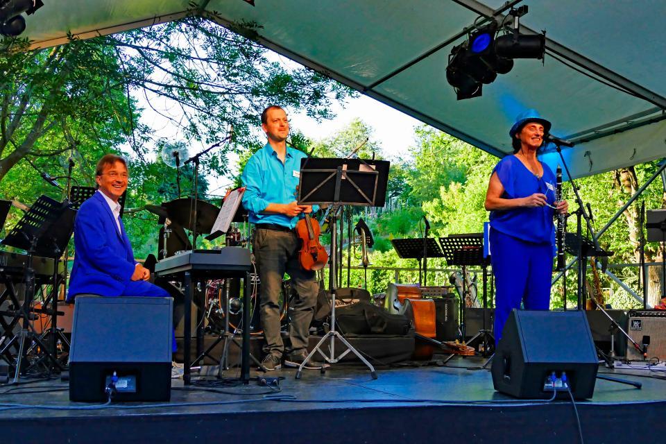 Ein Ensemble musiziert auf der Bühne im Stadtgarten der Stadt Michelstadt.