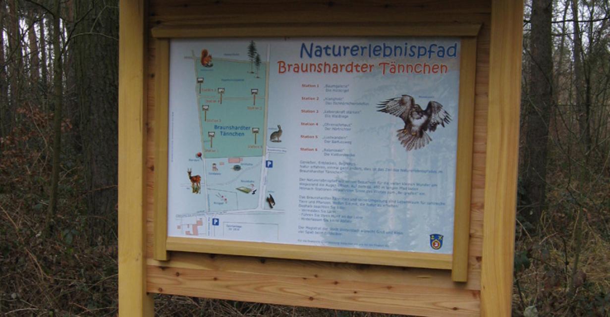 Bei einem Spaziergang durch das Waldstück Braunshardter Tännchen kann an sechs Stationen gedreht und geraten, gefühlt und gestaunt werden.