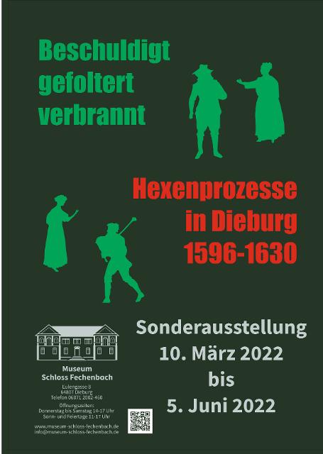 Ab Donnerstag, den 10. März 2022 bis zu 5. Juni 2022 zeigt das Museum Schloss Fechenbach seine neue Ausstellung „Beschuldigt, gefoltert, gebrannt. Hexenprozesse in Dieburg 1596-1630“.