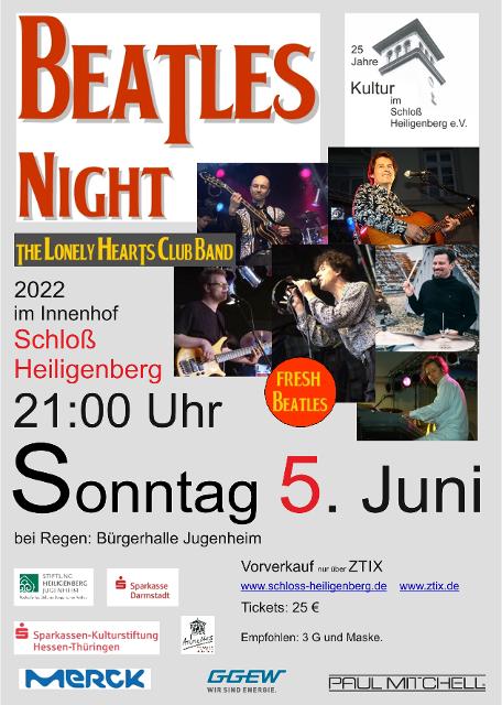 BEATLES NIGHT 21. Open-air im historischen Innenhof Schloß Heiligenberg,  „Das Blaue Album….and more, live!“am Pfingstsonntag 5. Juni 2022 um 21.00 Uhr (bei Regen: Bürgerhalle Jugenheim) 