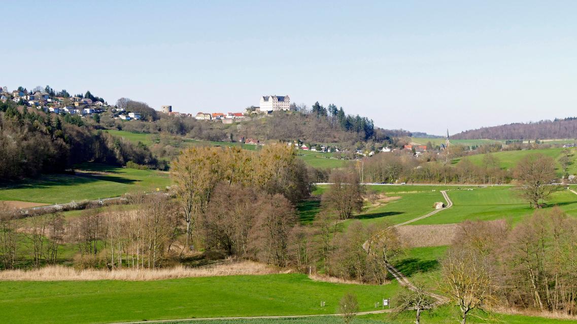 Blick in eine frühlingshafte Landschaft mit Fischbachtal-Niedernhausen und dem weißen Renaissanceschloss im Hintergrund
                 title=