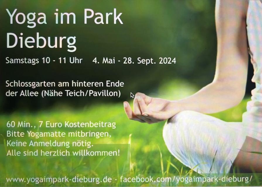 Yoga im Park unter freiem Himmel gibt es vom 4. Mai bis zum 28. September jeden Samstagmorgen ab 10 Uhr im Schlossgarten am hinteren Ende der Allee, Nähe Teich/Pavillon. 
                 title=