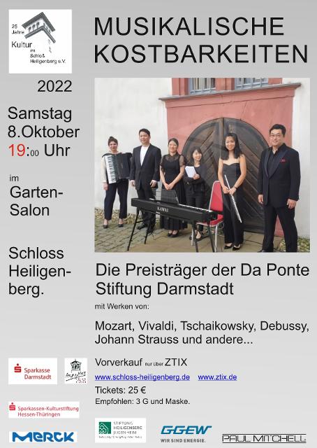 Am Samstag, 8. Oktober um 19 Uhr im Garten-Salon des Schlosses Heiligenberg treten die jungen Preisträger der Da Ponte Stiftung, Darmstadt, auf.