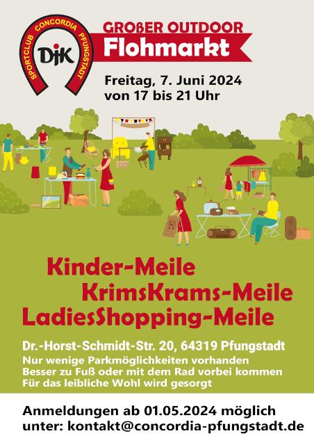 Der große Outdoor Flohmarkt findet am Freitag, 7. Juni, von 17 bis 21 Uhr auf dem Gelände der Concordia, Dr.-Horst-Schmidt-Straße 20 statt.