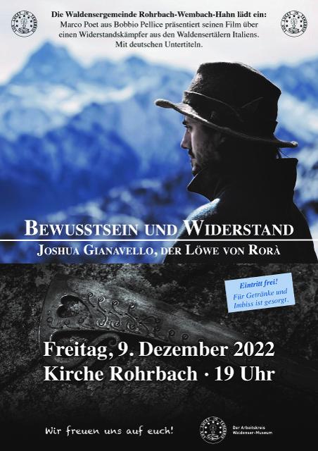 Am Freitag, 9. Dezember findet in der Rohrbacher Kirche, Pragelatostraße 114, um 19 Uhr ein Film-Abend “Bewusstsein und Widerstand - Joshua Gianavello, Der Löwe von Rorà