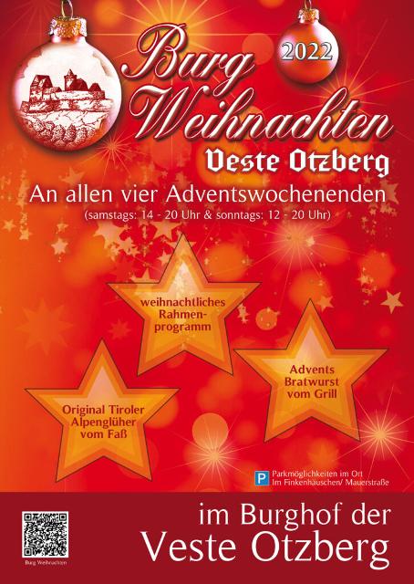 An allen vier Adventswochenenden findet samstags von 14 bis 20 Uhr und sonntags 12 bis 20 Uhr auf der Veste Otzberg eine Burg Weihnacht statt.