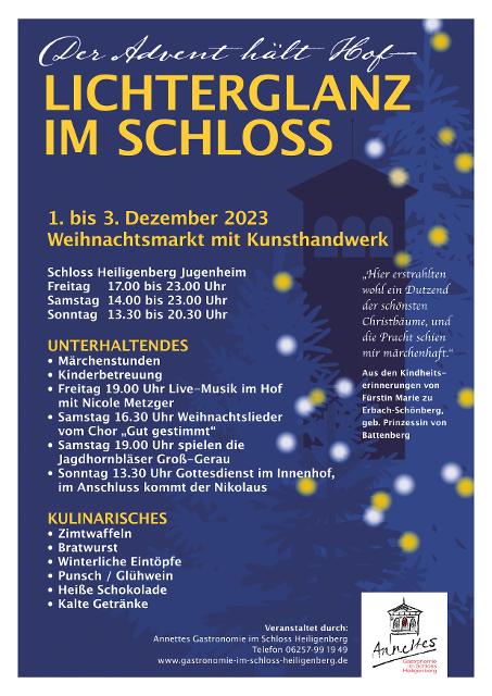 Von 1. bis 3. Dezember findet auf dem Schloss Heiligenberg der Weihnachts- und Kunsthandwerker-Markt (Auf dem Heiligenberg 8) statt.
                 title=
