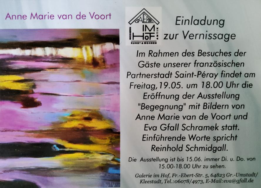 Die Ausstellung “Begegnung” mit Bildern von Anne Marie van de Voort und Eva Gfall Schramek ist bis 15. Juni immer Di. und Do. von 15 bis 18 Uhr zu sehen.