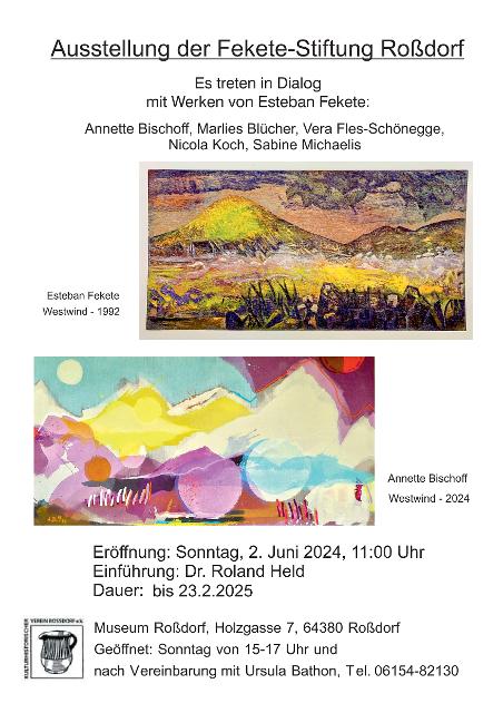 Die Ausstellungseröffnung findet am Sonntag, 2. Juni 2024 um 11 Uhr in der Galerie Alter Bahnhof in Roßdorf statt. Einführung durch Dr. Roland Held.