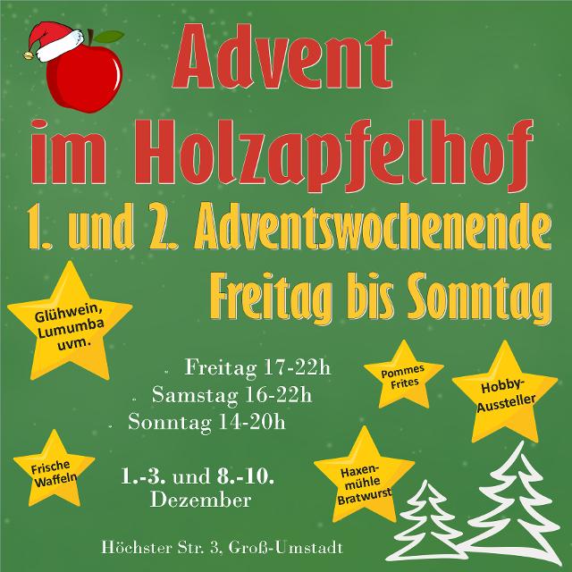 Gemütlicher Hofadvent mit Essens- und Getränkeständen, sowie Hobbyaussteller-Markt in Groß-Umstadt. 
                 title=