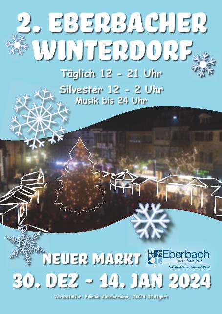 In der Zeit vom 30. Dezember 2023 bis zum 14. Januar 2024 lädt das 2. Eberbacher Winterdorf zum Besuch auf dem Neuen Markt in Eberbach ein.