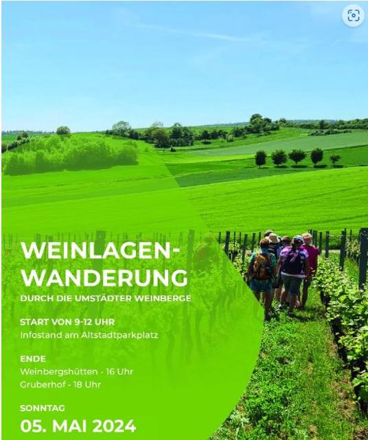 Die Weinlagenwanderung des Odenwaldklub Groß-Umstadt startet am 5. Mai ab 9 Uhr mit 4 verschiedenen Strecken zwischen 5 und 14 km. Entlang der Strecken bieten verschiedene Winzer ihr Sortiment an.