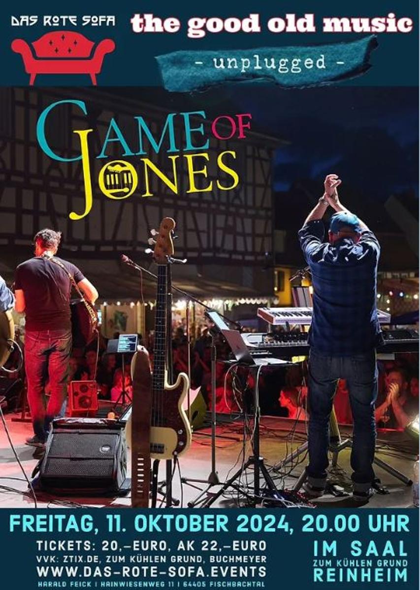 Unter dem Motto “the good old music” sind Game of Jones auf dem roten Sofa zu Gast. Das Konzert findet am 11. Oktober um 20 Uhr im Saal Zum Kühlen Grund in Reinheim statt.