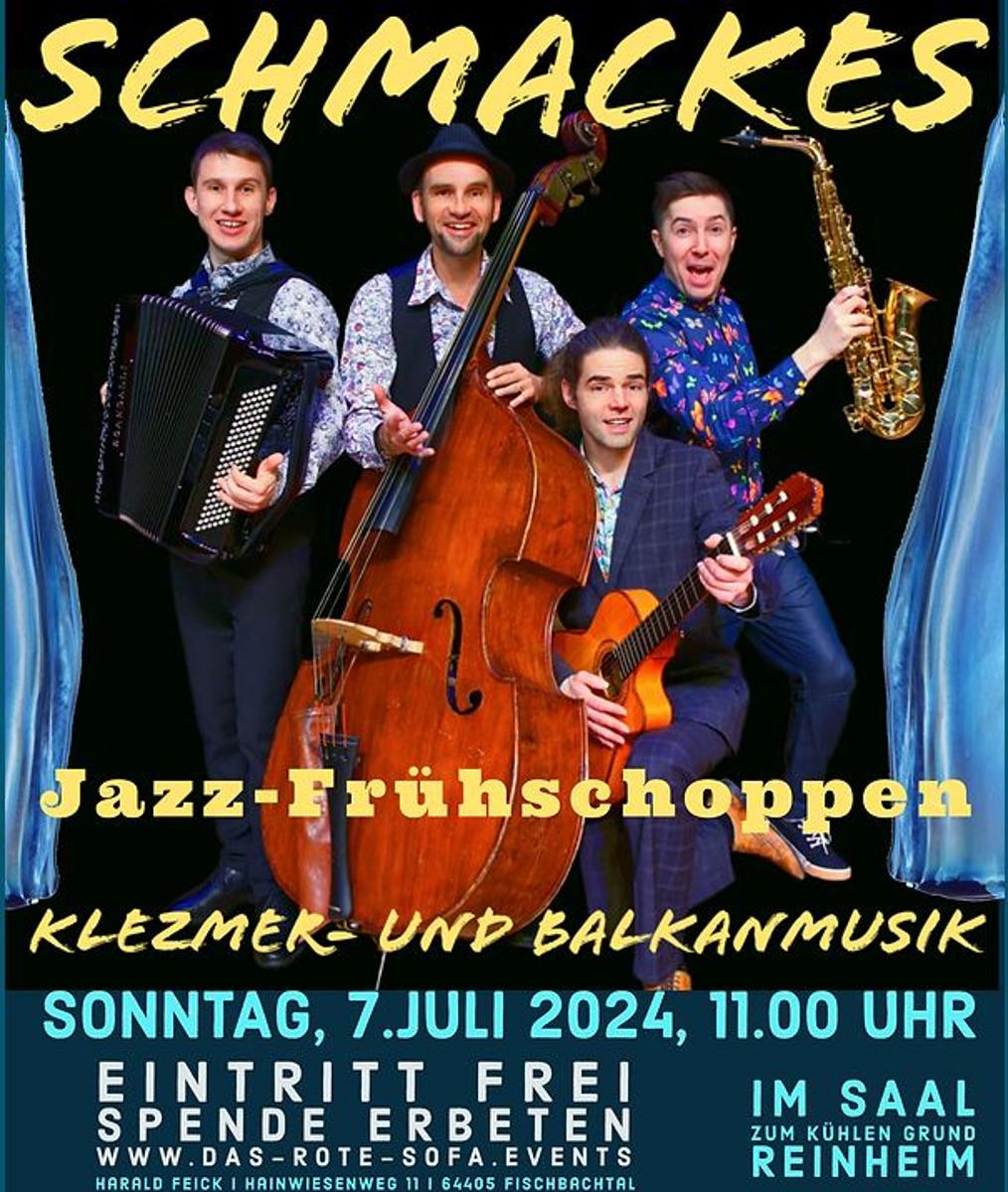 Unter dem Motto “the good old music - unplugged” ist Schmackes auf dem roten Sofa zu Gast. Ein JazzFrühschoppen mit Klezmer- und Balkanmusik gibt es am Sonntag, 7. Juli ab 11 Uhr im Saal Zum Kühlen Grund in Reinheim.