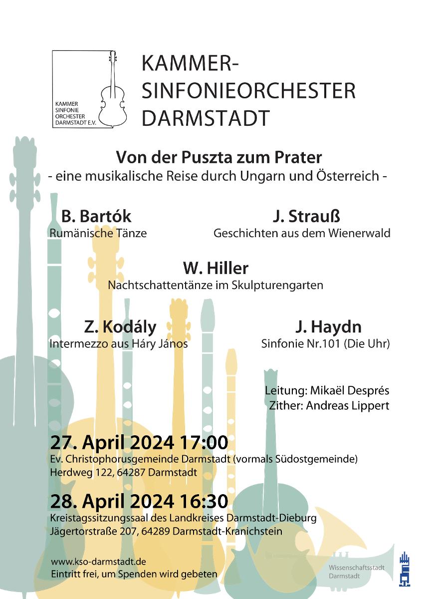 Das Kammer-Sinfonieorchester Darmstadt gibt ein Konzert am 28. April um 16.30 Uhr im Kreistagssitzungssaal des Landkreises Darmstadt-Dieburg, Jägertorstr. 207, Darmstadt.
