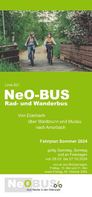Der NeO-BUS fährt an Wochenenden und Feiertagen von April bis Oktober Freizeittouristen auf neuen Wegen von Eberbach am Neckar über Waldbrunn und Mudau nach Amorbach im Odenwald. Ob mit Rad oder zu Fuß im Odenwald unterwegs ist hierbei egal. 