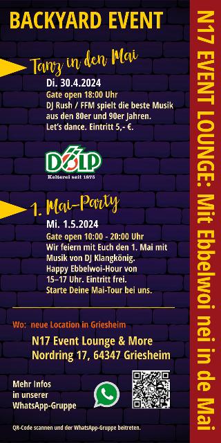 N 17 EVENT LOUNGE - TANZ in den MAI Party in Griesheim mit Hits der 80er und 90er Jahre von DJ RUSH / FFM und großer APEROL Bar. 
                 title=