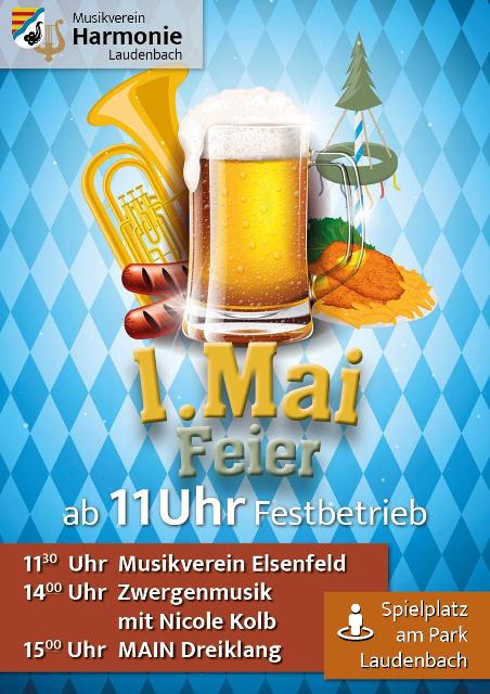 Am 1. Mai lädt der Musikverein “Harmonie” Laudenbach zur Maifeier am Spielplatz hinter dem Schlosspark ein.