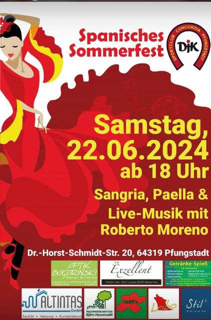 Das Spanische Sommerfest findet am Samstag, 22. Juni, ab 18 Uhr auf dem Gelände der Concordia, Dr.-Horst-Schmidt-Straße 20, Pfungstadt statt.