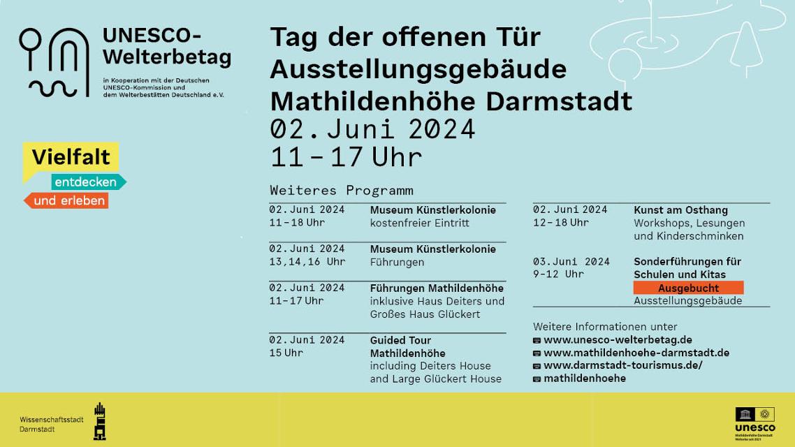 Am Sonntag, 2. Juni 2024 ist es wieder soweit: die Deutsche UNESCO-Kommission und der Verein UNESCO-Welt­erbe­stätten Deutsch­land laden ein, den Facettenreichtum der 52 Welt­erbe­stätten in Deutsch­land zu entdecken. Highlight der UNESCO Welt­erbe­stätte Mathildenhöhe Darmstadt ist bei diesem Ev...