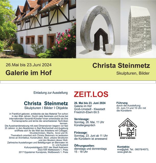 Am 26. Mai findet um 11 Uhr die Vernissage mit einem Künstlergespräch statt, gezeigt werden Skulpturen, Bilder und Objekte der Künstlerin Christa Steinmetz.