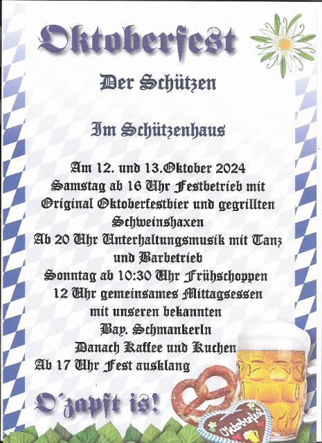 Der Schützenverein Waldeslust 1928 e.V, lädt Sie zu seinem Oktoberfest mit “Original”  Oktoberfestbier der Augustiner Brauerei und Bayerische Spezialitäten ein.