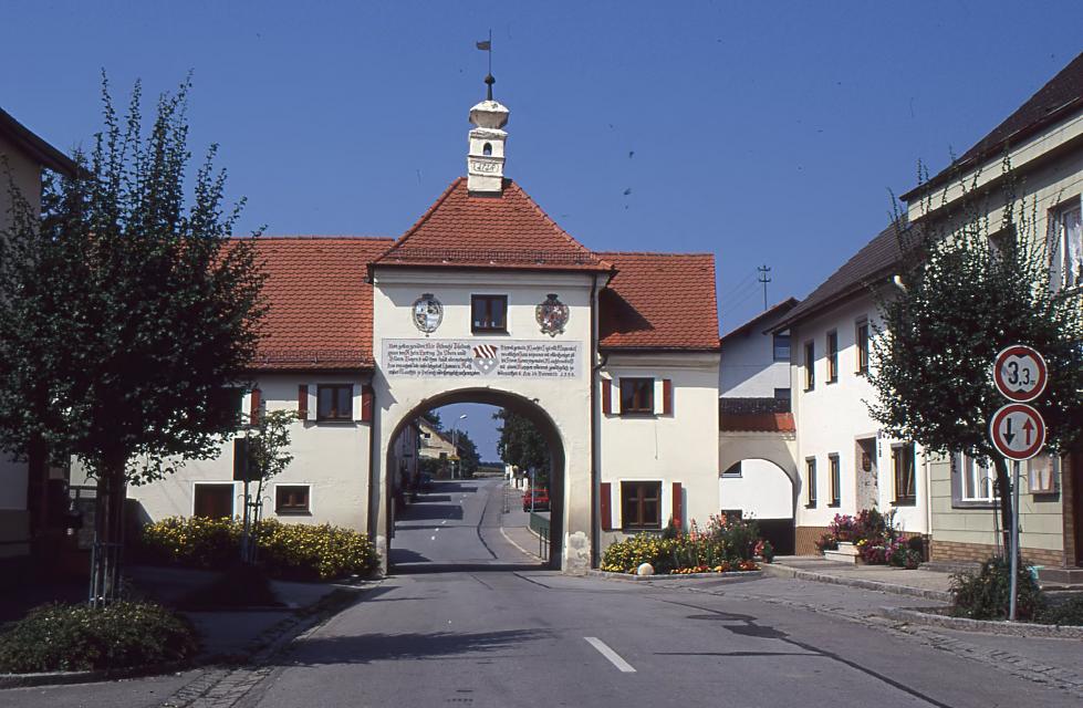 Anstelle eines früheren Tores 1718 durch den Dingolfinger Stadtmaurermeister Georg Weigenthaler erbaut.Über dem Tor Auszug aus dem Wappenbrief des Marktes von 1533. Restaurierung 1989