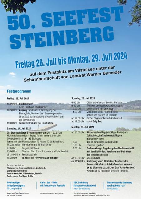 Auf geht´s zum 50. Seefest nach Steinberg auf dem Festplatz am Vilstalsee unter der Schirmherrschaft von Landrat Werner Bumeder!