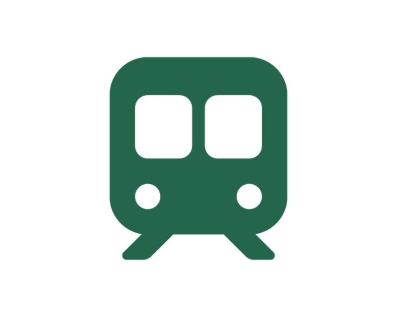 Symbol für einen Bahnhof, ein grüner Zug auf Schienen