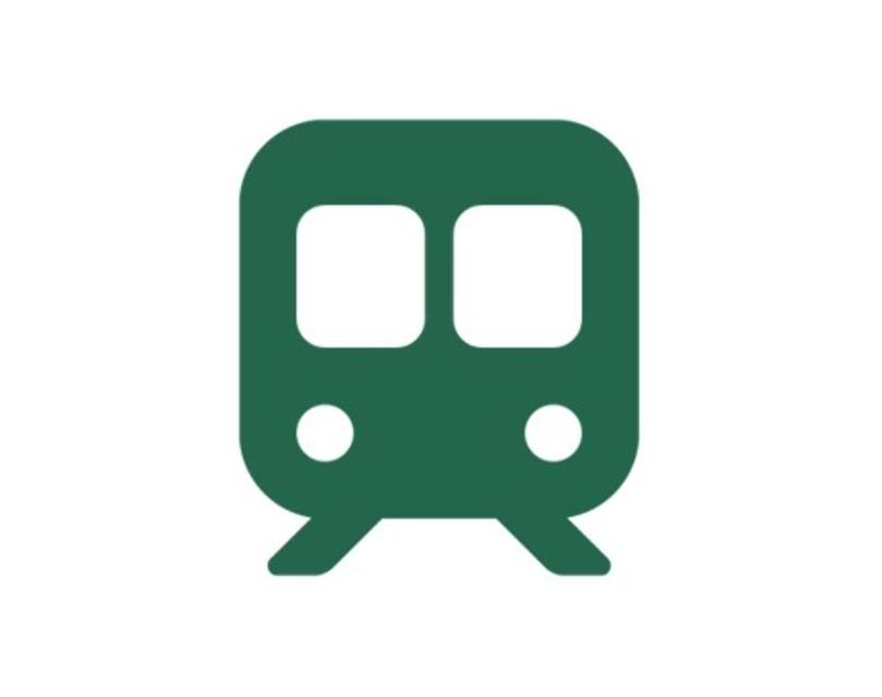 Symbol für einen Bahnhof, ein grüner Zug auf Schienen