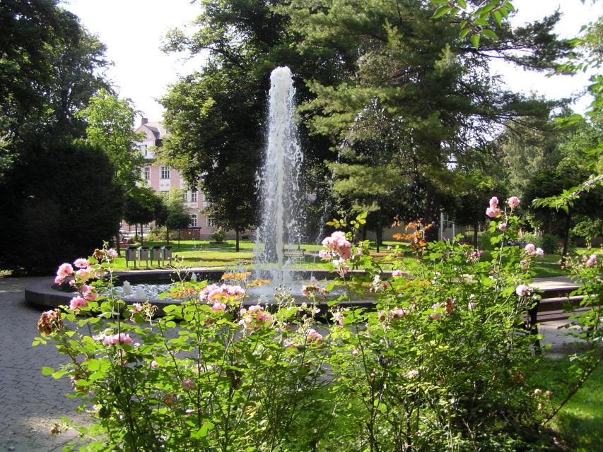 Stadtpark mit schöner Landschaft, vielen Pflanzen und einem Brunnen.