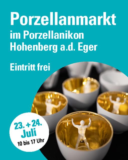 Im stimmungsvollen Ambiente des Gartens des Porzellanikons Hohenberg findet am 23. und 24. Juli 2022 der 2. Porzellanmarkt statt.