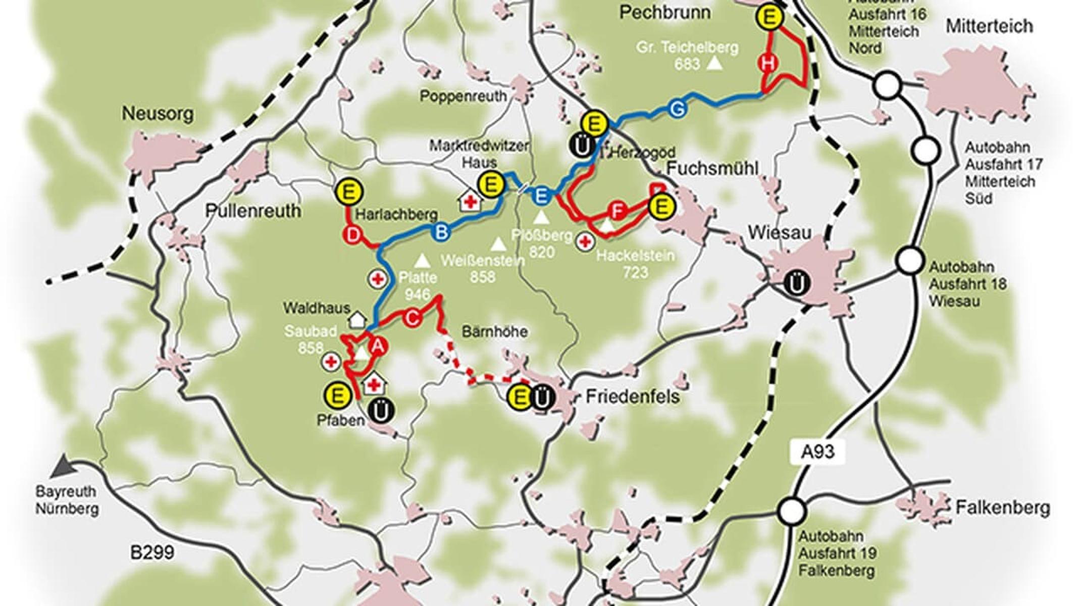 Diesermittelschwere Rundkurs führt ab dem Wanderparkplatz in Pfaben bei Erbendorfaufwärts bis zum Waldhaus (3 km) und zurück über den Saubadfelsen (2 km).Außerdem besteht am Waldhaus die Möglichkeit zum Einstieg in denSkihauptwanderweg in Richtung nördlicher Steinwald. 