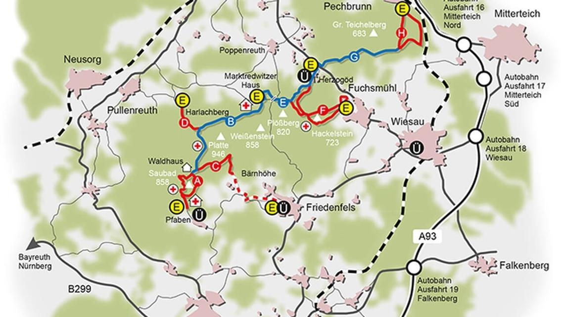Der Rundkurs Teichelbergloipe ist knapp 5 km lang. Es besteht die Einstiegmöglichkeit in den Skihauptwanderweg der Steinwaldloipe ab Abschnitt G.