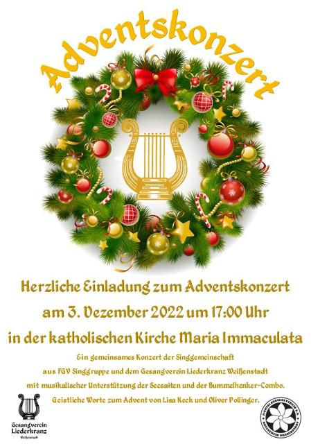 Ein gemeinsames Adventskonzert der Singgemeinschaft aus FGV Singgruppe Weißenstadt und dem Gesangverein Liederkranz 1844 Weißenstadt mit musikalischer Unterstützung der Seesaiten und der Bummelhenker-Combo.