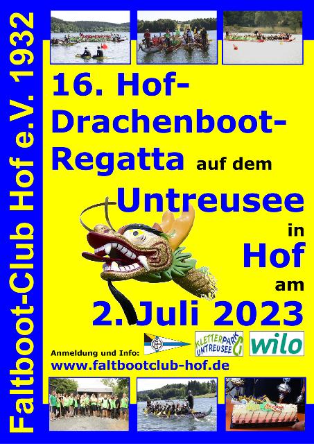 Am 02.07.2023 soll die 16. Hof-Drachenboot-Regatta des Faltbootclub Hof wieder auf dem Untreusee stattfinden.