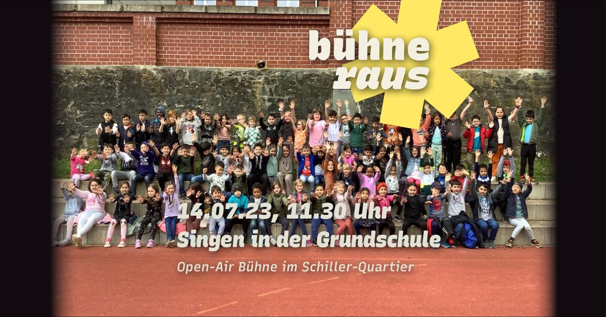 Die vier 1. Klassen der Sophiengrundschule zu Gast auf der Open-Air-Bühne auf dem Schiller-Quartier.