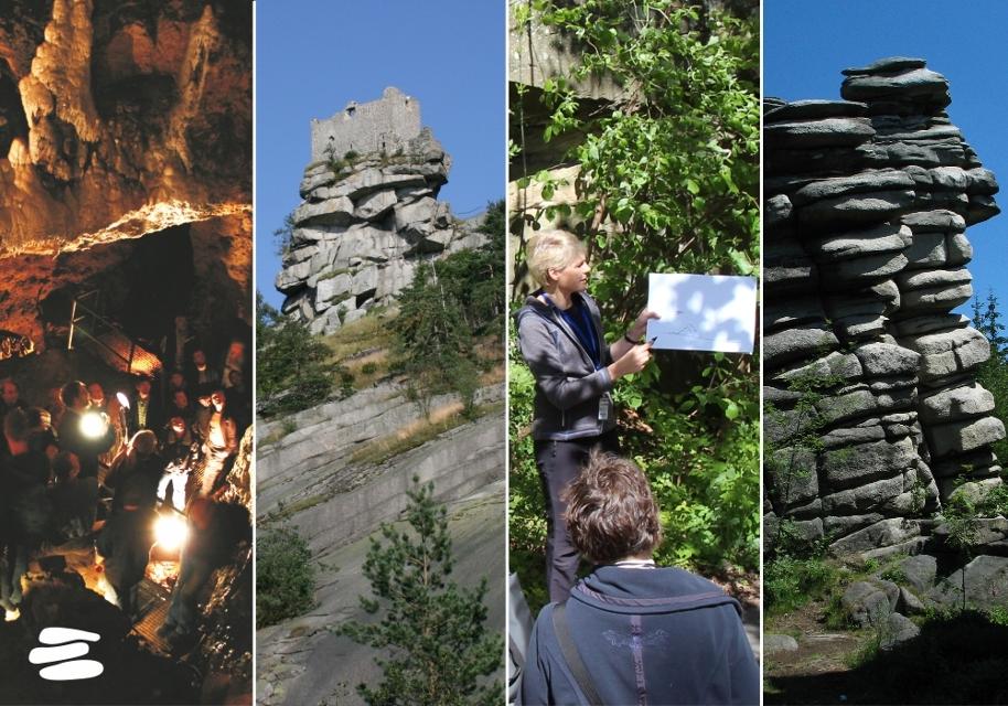 Höhle mit Besuchern, Burg auf Felsen, Besuchergruppe, Felsengeotop