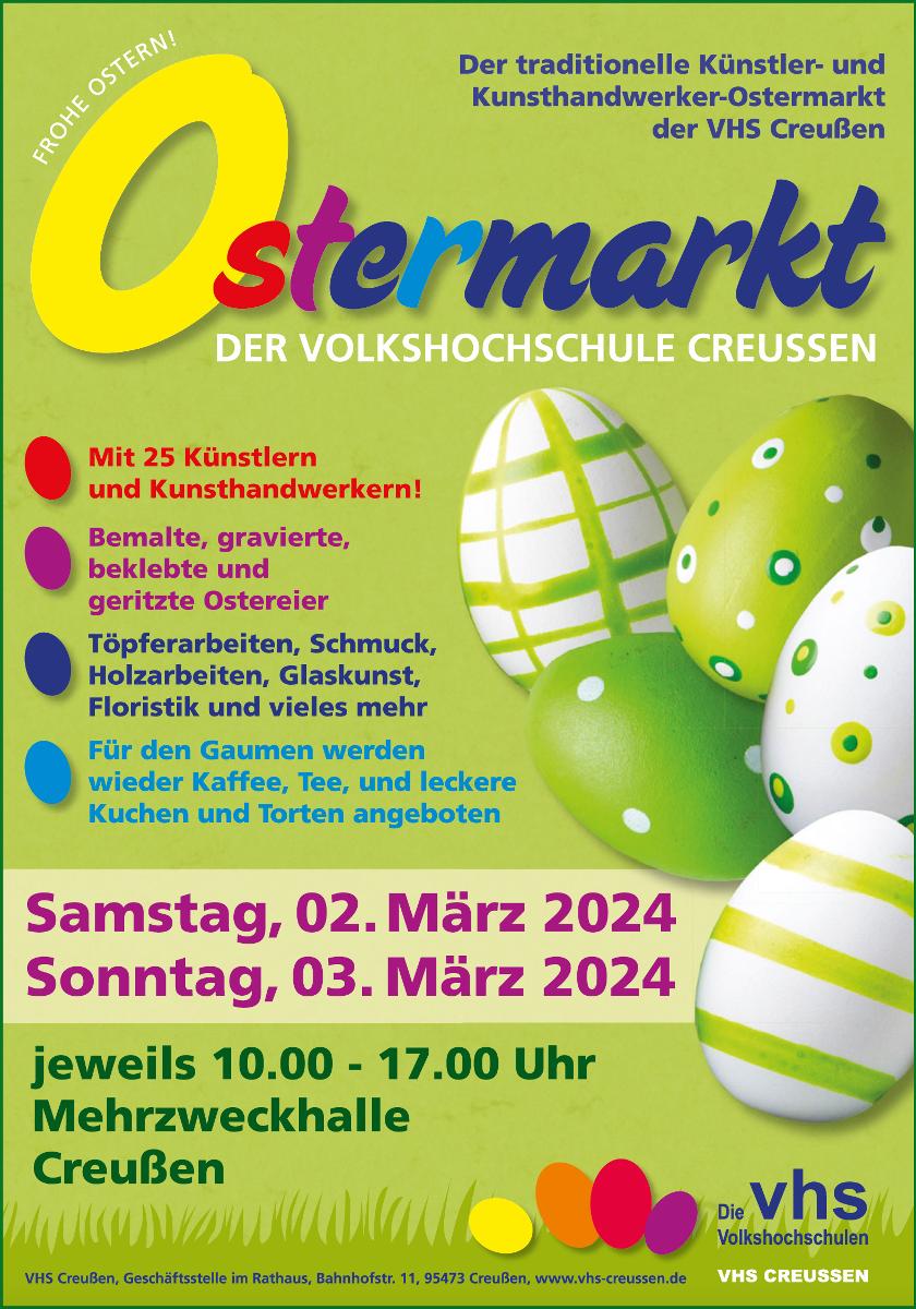 Veranstaltungsplakat zum Künstler- und Kunsthandwerker-Ostermarkt der VHS Creußen am 2. und 3. März 2024.