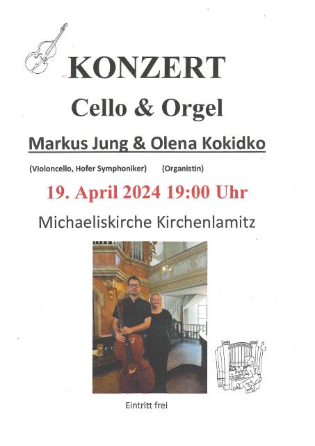 Im Rahmen des Jubiläums veranstaltet die ev.-luth. Kirchengemeinde ein Konzert mit Orgel und Cello. Wir freuen uns auf die Organistin Olena Kokidko und Markus Jung am Cello.