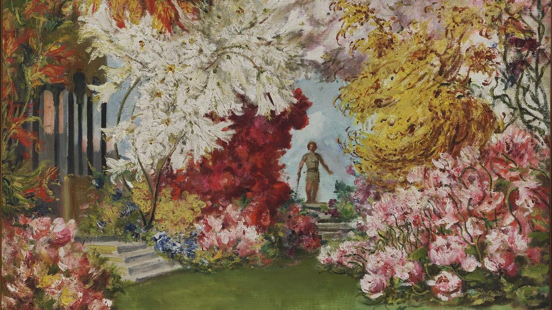 Ein Mann blickt durch blühende Bäume hindruch auf einen paradiesischen Garten.