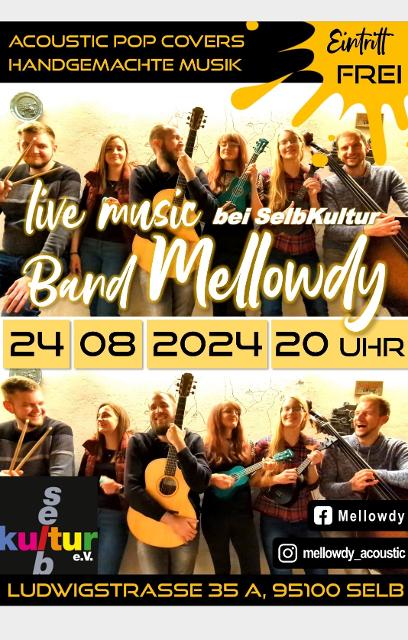 Aus Bayreuth kommt die junge Band MELLOWDY, deren sechs Musiker zahlreiche Instrumente beherrschen und eine Auswahl von Acoustic-Pop-Coversongs zu Gehör bringen.