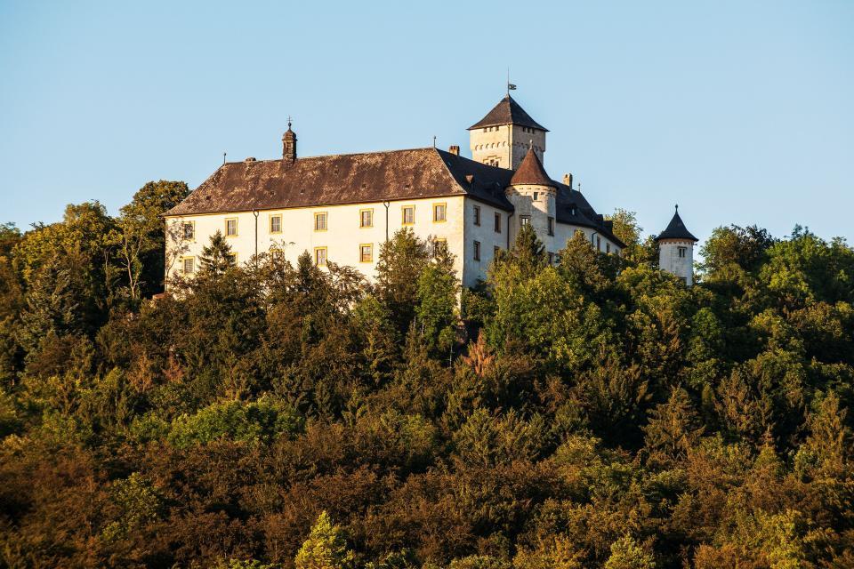 Auf einem bewaldeten Hügel erhebt sich das Schloss mit seiner weiß-gelben Fassade und zwei Türmen.