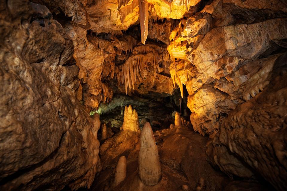 Blick in die Höhle, deren felsige Wände ausgeleuchtet sind. Mittig erheben sich Tropfsteine.