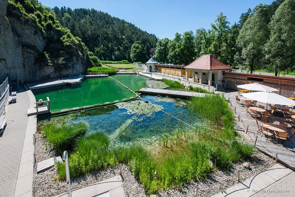 Blick von oben auf ein Naturbad mit grün schimmerndem Wasser
                 title=