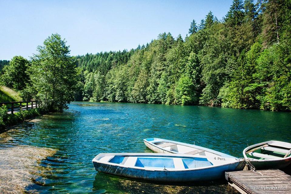 An einem Steg an einem See liegen drei blau-weiße Ruderboote. Der See ist von Bäumen umgeben.