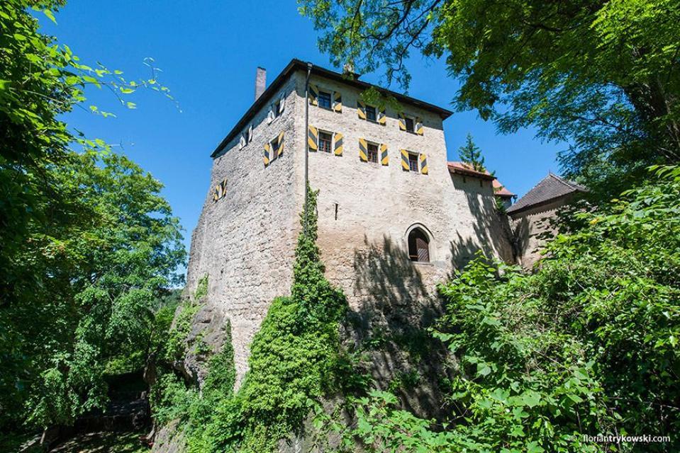 Wilder Wein schlängelt sich am Turm der Burg entlang. Gelb-schwarz gestreifte Fensterläden verleihen der Rückseite der Burg farbliche Akzente.