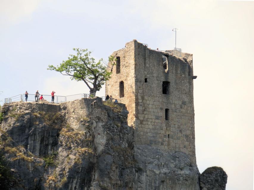 Einige Besucher blicken vom höchsten, als auch von einer niedrigeren Aussichtsplattform in das weitläufige Wiesenttal hinunter. Ein einziger, markannter Baum steht in nächster Nähe der ehemaligen Burg.