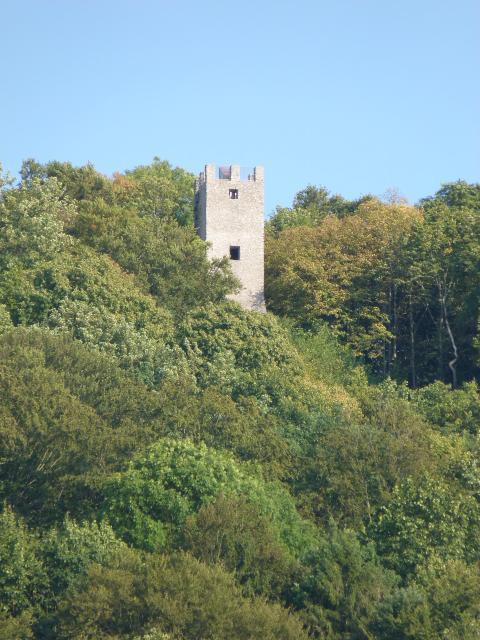 In einem bewaldeten Berghang erhebt sich ein viereckiger Turm mit zwei Fenstern und Zinnen.